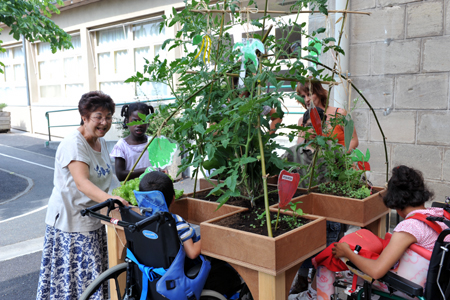 Nicole Chaumont, maire-adjointe et les enfants de la classe CLIS autour de leur jardinière