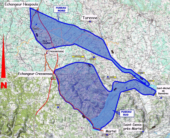 Cette carte, présentée en juillet dernier par les conseils généraux de Corrèze et du Lot, montre les deux fuseaux nord et sud