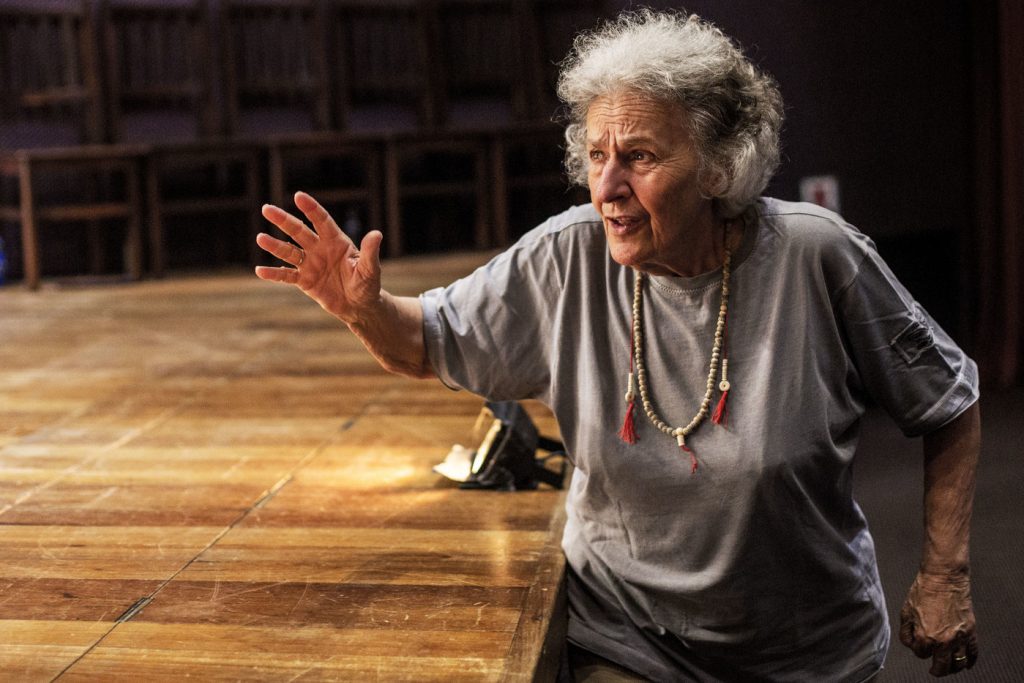 French legendary theatre director and actress Ariane Mnouchkine, founder of Le Théâtre du Soleil, speaks to actors at theatre in Rio de Janeiro, Brazil on April 12, 2019. Daniel RAMALHO / AFP